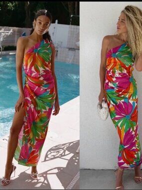 Ronny Kobo Gildo Tropical Floral One-Shoulder Maxi Dress. Vacation Resort. M